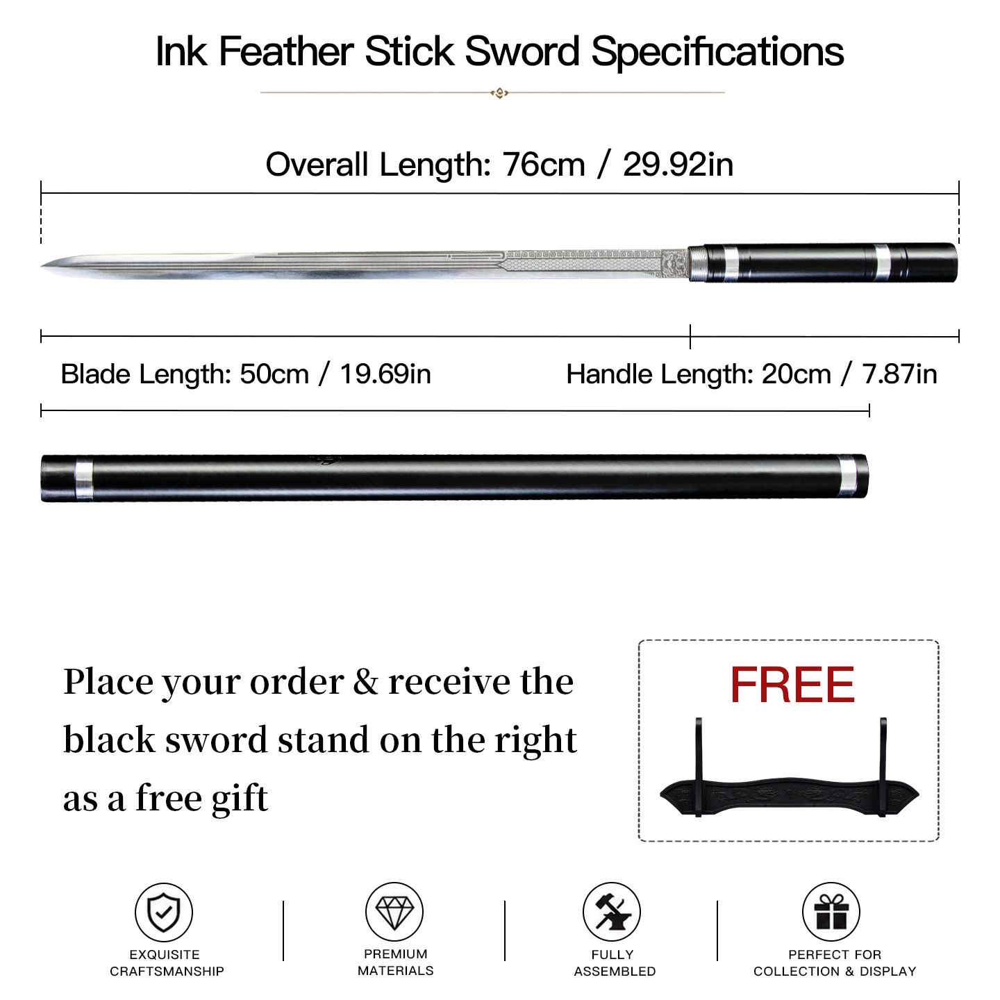 Minimalist Hidden Stick Sword 50cm Manganese Steel Delicate Metal Scabbard Decoration Hanfu Tea Room Medium Desktop Display