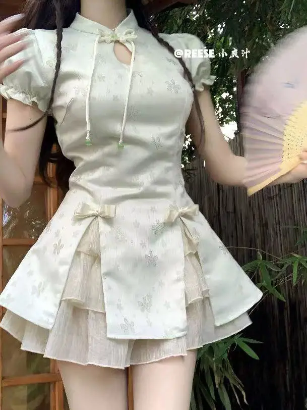 

Chinese Style Tight Short Sleeve Vent Long Shirt Women Mesh Spliced Cake Skirt Summer Lady Vintage Sweet Premium Two Pieces Set