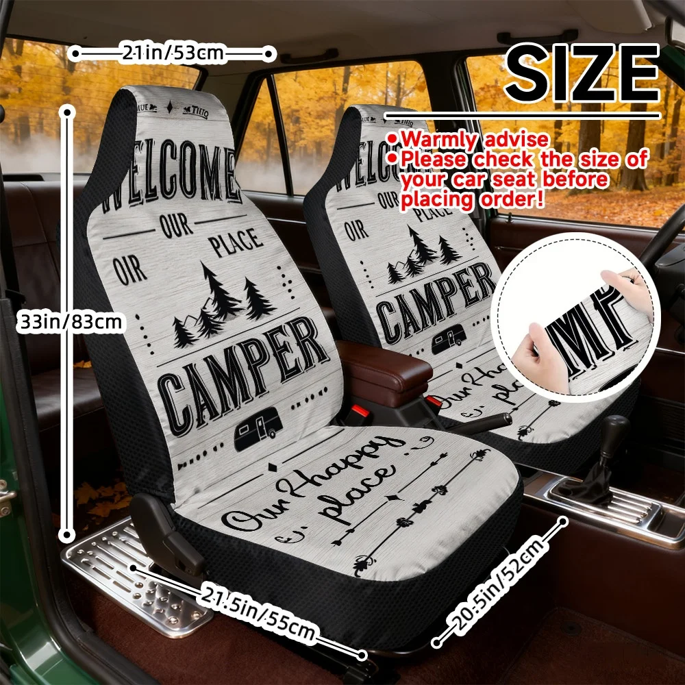 2D Flat Printing, 2pcs Welcome Camper Sign Pattern Car Seat Covers, Universal Fit Front Seats, Durable, Washable In Machine, Sof