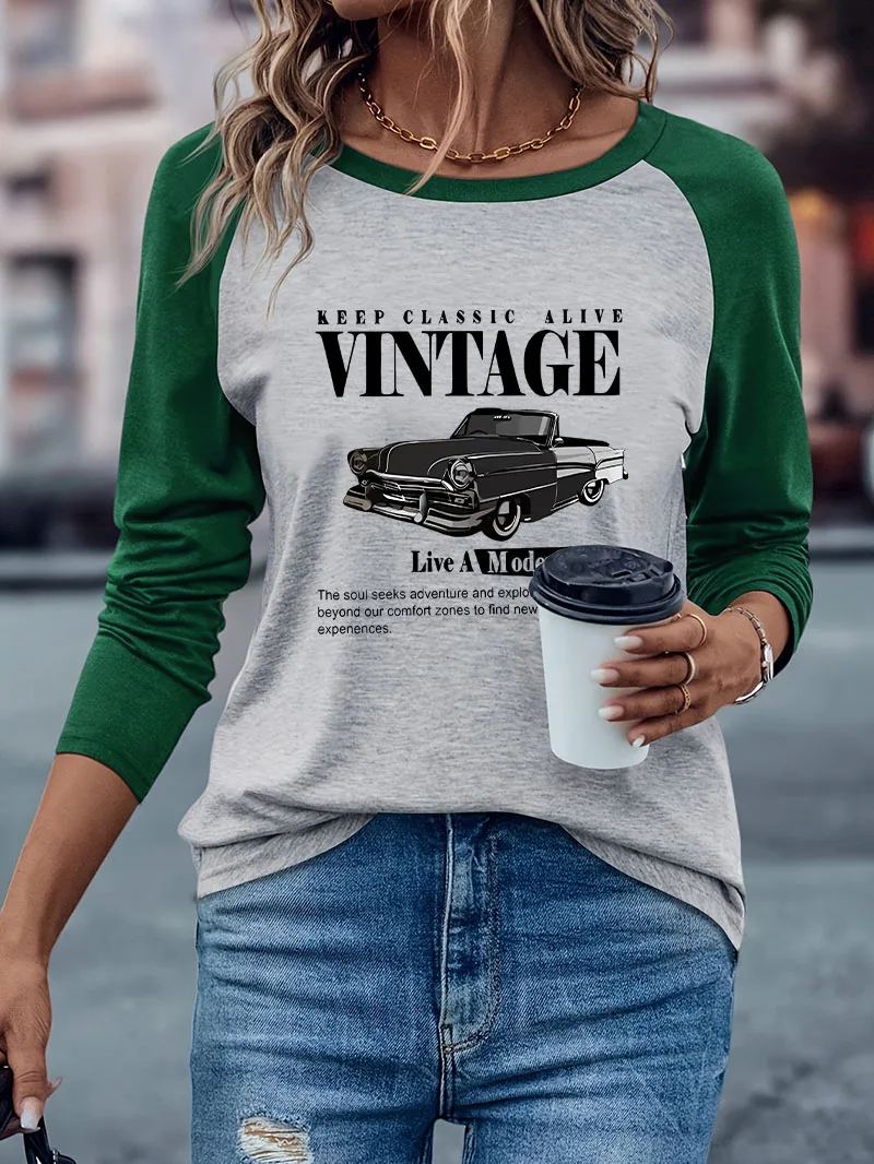 Modisches Vintage-Auto-Print Langarm-T-Shirt Streetwear Grafik Y2k Locker Lässig Bequemes T-Shirt Damen Winter Herbst – Detail 3