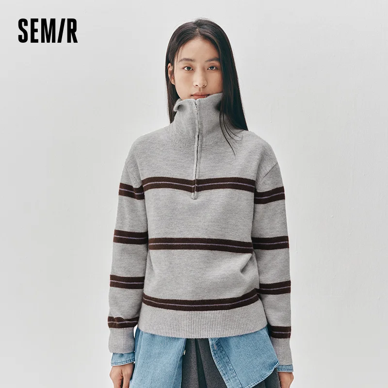 Semir Women Sweater Stripe Pattern Half Zip Loose Fit Retro Style Soft Touch 2026 Winter Layering Wear Warm Knit Everyday Style