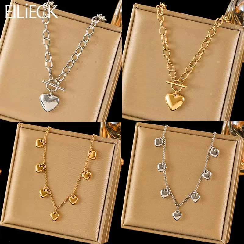 EILIECK 316L Stainless Steel Gold Silver Color Heart Pendant Necklace For Women Trendy Waterproof Chain Jewelry Holiday Gift