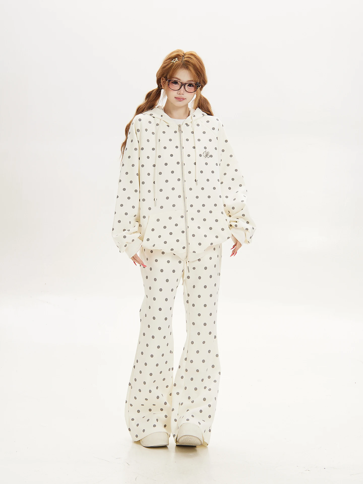 Sweet Polka Dot Rabbit Ear Hoodie Cardigan Women's Spring Autumn Cute Two-Piece Set Casual Loose Fit Long Sleeve Cotton Blend