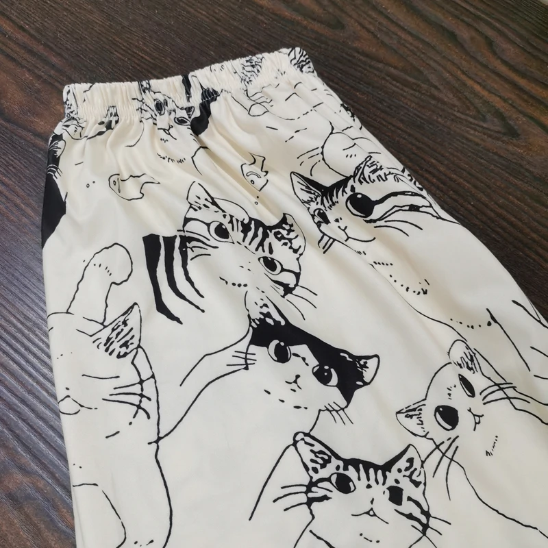 السراويل المنزلية في الهواء الطلق للنساء بيجامة السراويل لينة مريحة الكرتون مو القط معركة كبيرة مرونة الخصر طالب فضفاض النوم السراويل