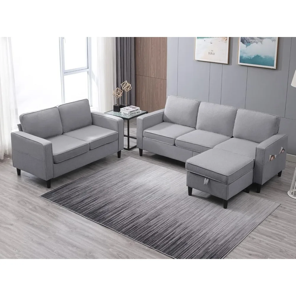 3 PCS Sofa, Convertible Combination, Linen Fabric, with Side Pockets, with Storage Ottoman, Living Room Furniture, Sofa Set