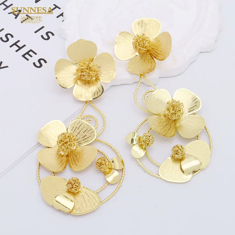 SUNNESA Golden Big Flower Drop Earrings Fashion Jewelry Irregular Hanging Long Earring African Wedding Party Accessories