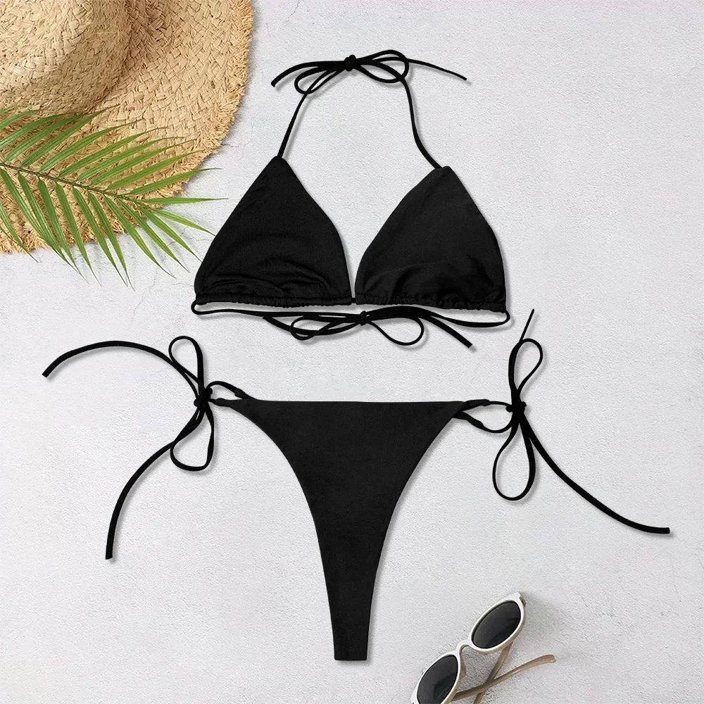 2025 New Women's Solid-color Separate Beach Wear Sexy Halter Three-point Bikini Backless Adjustable Lace-up Swimsuit Swimwear