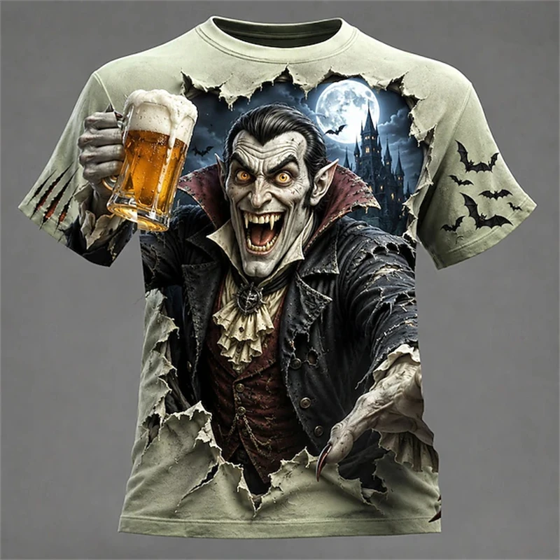 Men's Halloween-Themed Party Crew-Neck T-Shirt Full Moon Night Howling Wolf Horror Elements Dark Style Short-Sleeve Top