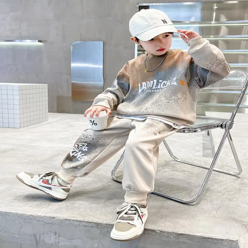 Boy Hoodie Autumn and Winter Korean Version 2-Piece Set Autumn and Winter New Fashion Student Cartoon Casual Children's Clothing
