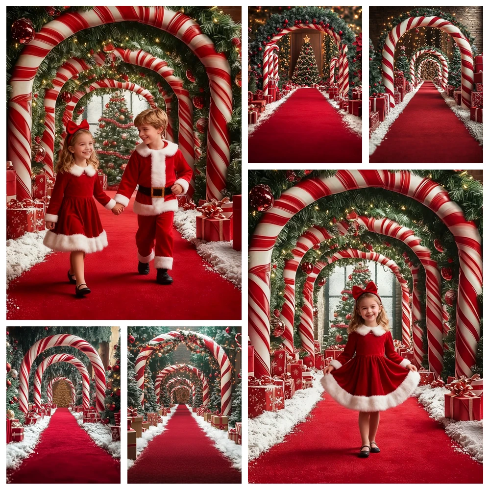 

Christmas Photography Backdrop New Year Party Xmas Tree Candy Gate Red Carpet Decor Winter Snow Kids Adult Photo Background