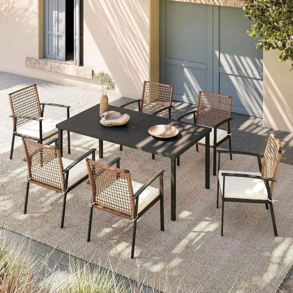 7-Piece Patio Dining Set: 6 Chairs with Cushions & Iron Slat Table with Umbrella Hole, Ideal for Backyard, Garden, Poolside