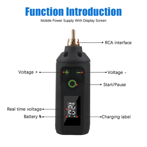 Imagen 2 del producto Fuente de alimentación de tatuaje inalámbrica LED para máquina de tatuaje, bolígrafo de tatuaje giratorio, batería portátil recargable, accesorios de interfaz RCA/DC