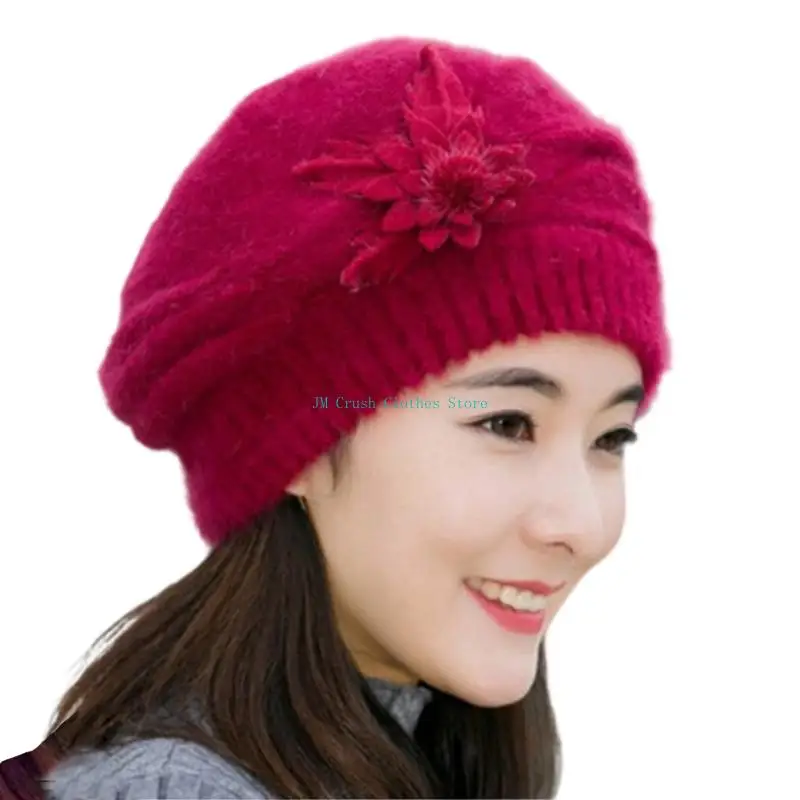K1ME رشاقته فراء الأرانب محبوك Brimless زهرة الديكورات الشتاء قبعة يندبروف أغطية الرأس