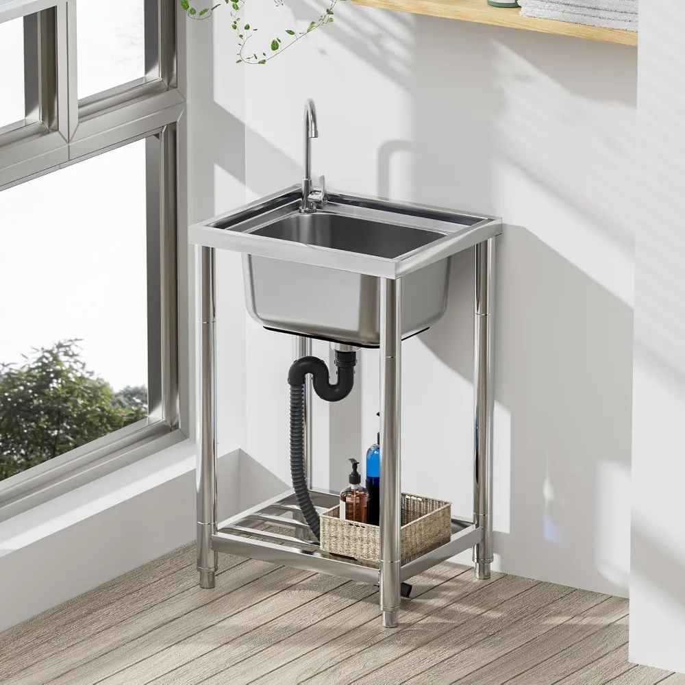 스테인리스 스틸 싱글 볼 주방 싱크대 세트(수전 포함), 실내외 겸용 독립형 유틸리티 핸드 싱크