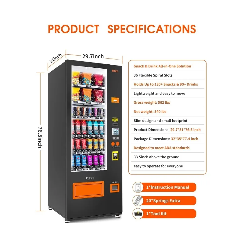 Customized 36 Slot Snack and Drink Combo Vending Machine Refrigerated Vending Machine with Coin & Bill Acceptor and Card Reader