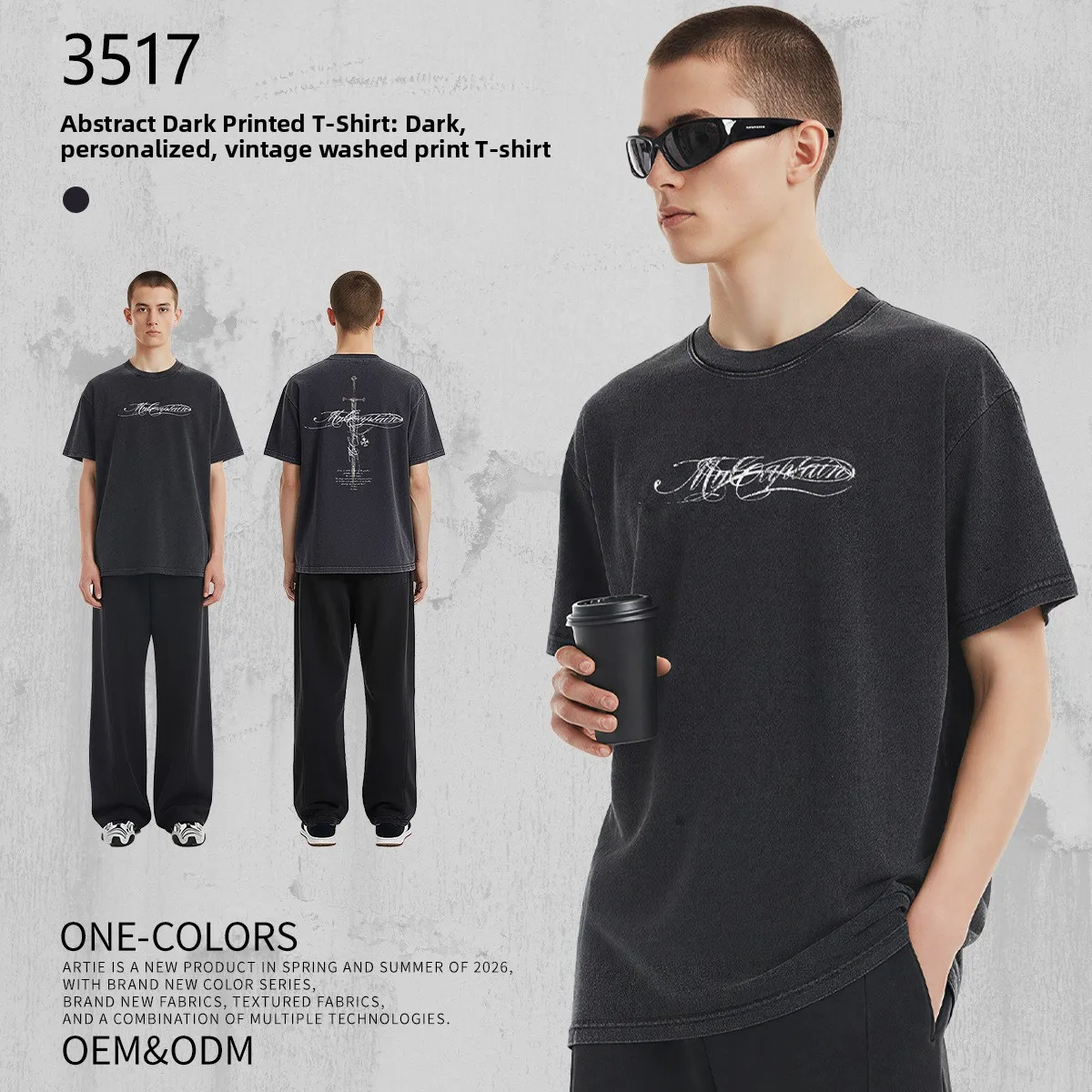 

Мужская футболка с коротким рукавом, темный абстрактный принт, винтажный стиль, эффект потертости, хлопок, свободный крой, модная, универсальная, повседневная одежда