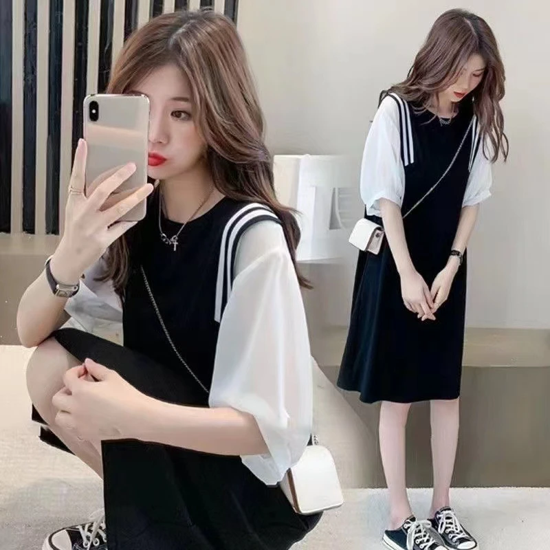 Summer Women's Large Size T-shirt Dress Loose Collision Black and White Splicing Round Neck Short Sleeve Comfortable Dresses