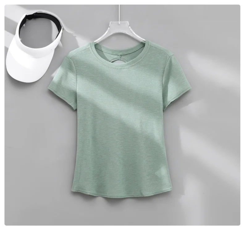 DRUR Gym Tops Frauen Leichte Sweatshirt Sommer Kurzarm Quick Dry Fitness Lauf T-shirt Zurück Kreuz Hohl Yoga Tragen Neue – Detail 6