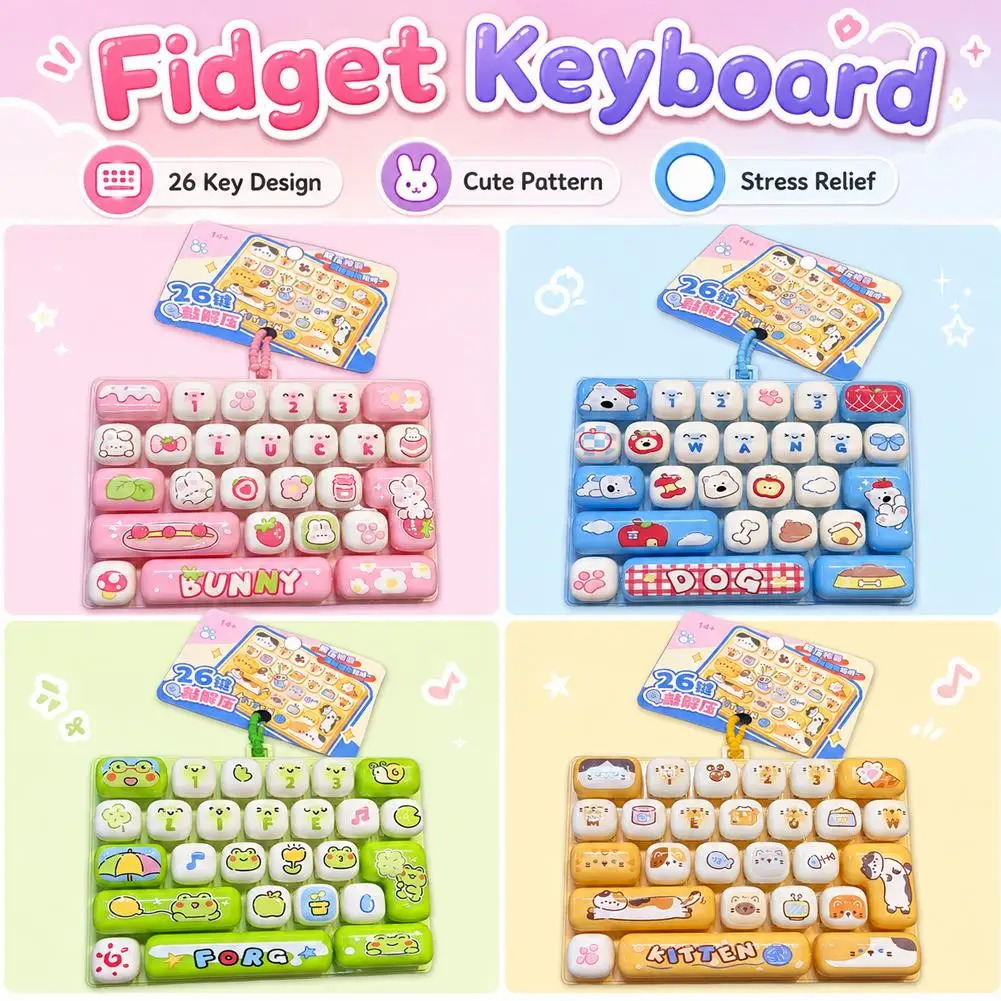 26 Key Mechanical Switch Keyboard Keychain Fidget Toy Sensory Typing Toy Bag Charm Pendant Gift for Office Students Kids