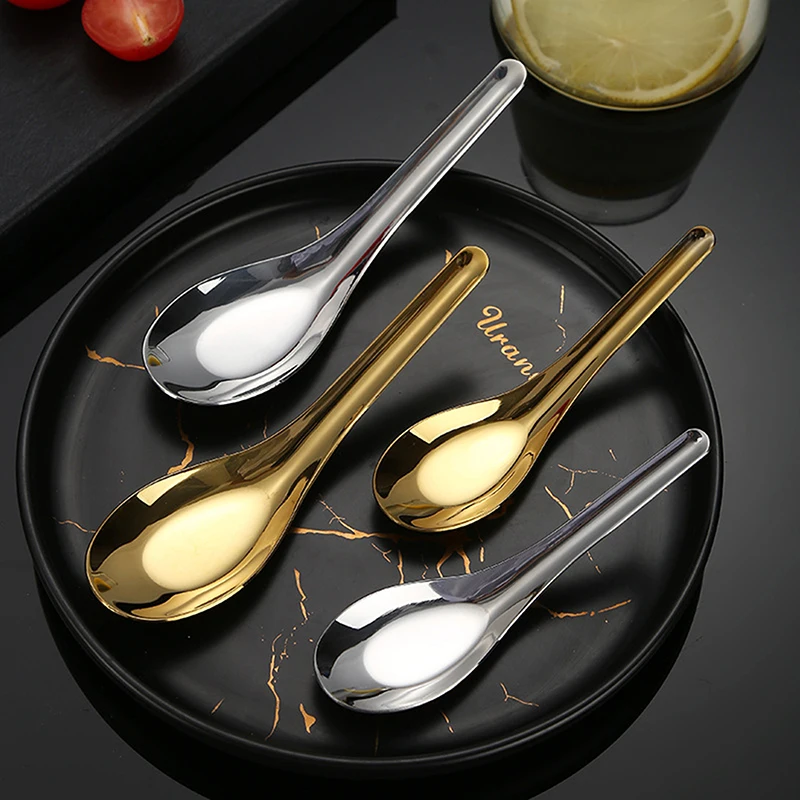 Household Stainless Steel Flat Rice Soup Spoon Dessert Spoon Silver Gold Mirror Polished Cutlery Kitchen Utensils【Homeclub】