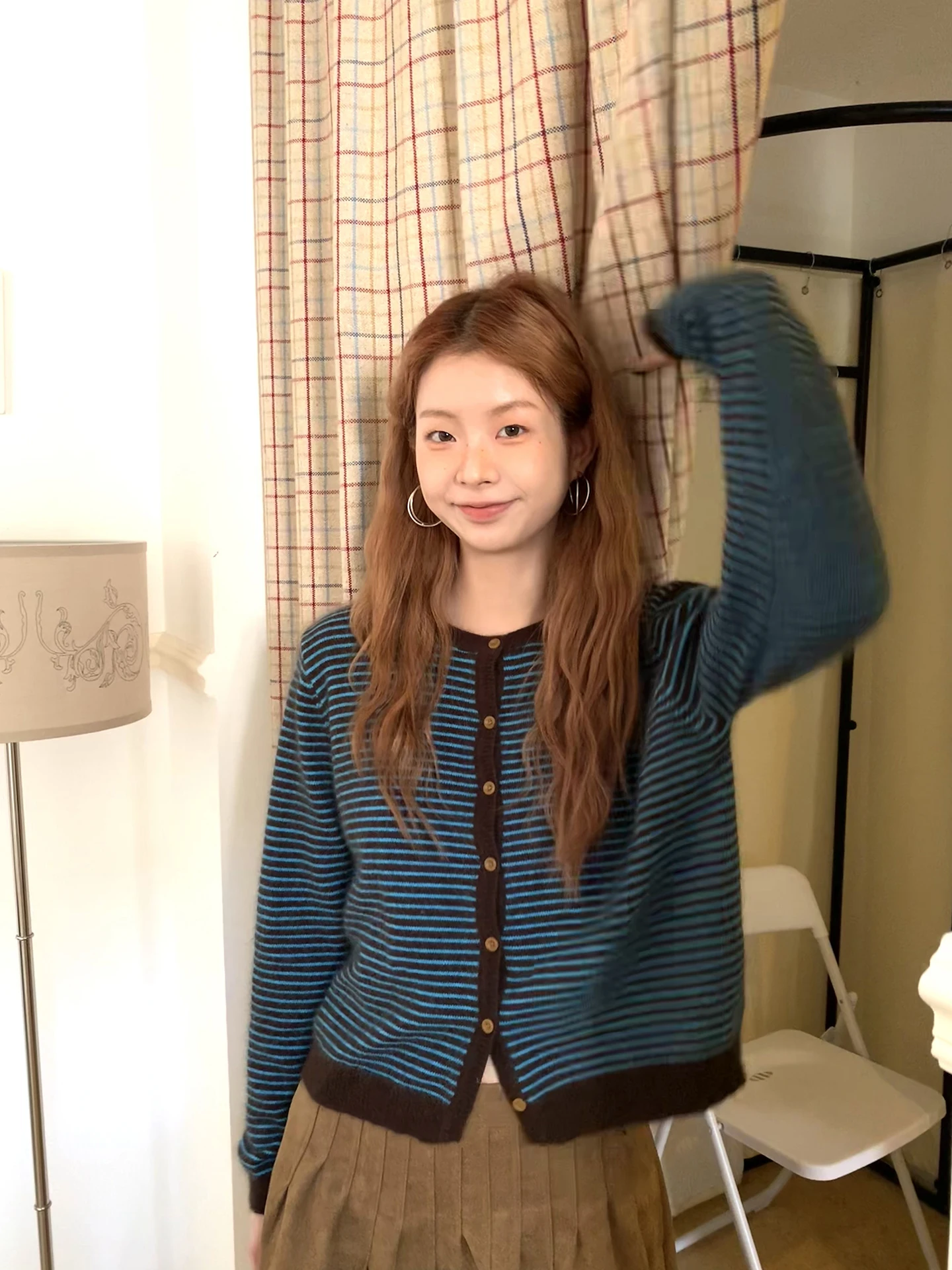 

Red Celebri Wool Knitted Open Cardigan Women's Autumn Lazy Sle Korean Aosphere Striped Sweater Jaet Long Sve Button