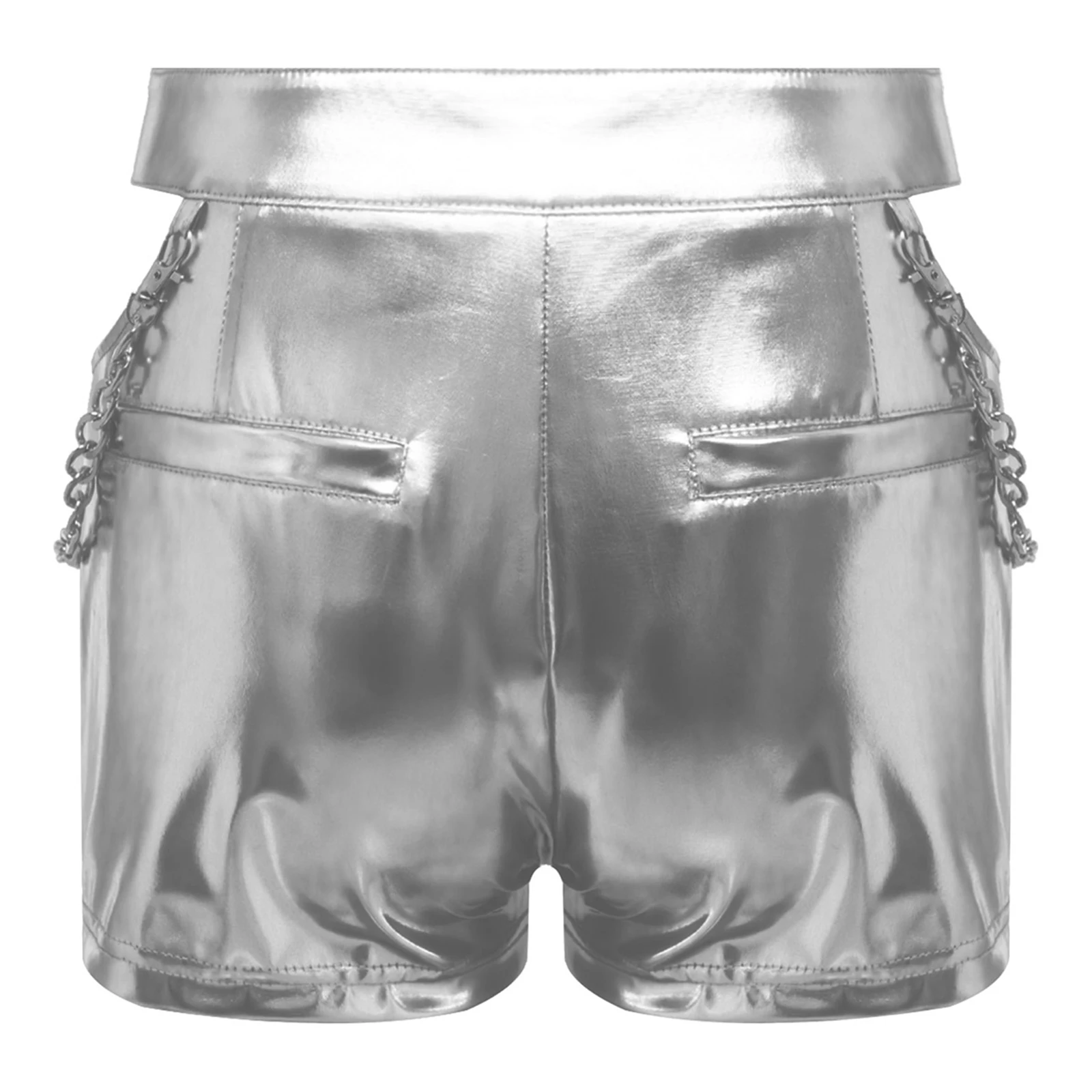 Celana Pendek Dansa Jazz Metalik Mengkilap untuk Wanita, Streetwear dengan Desain Sisi Berlubang, Dekorasi Rantai Pinggang, Pakaian Tari Panggung Jazz