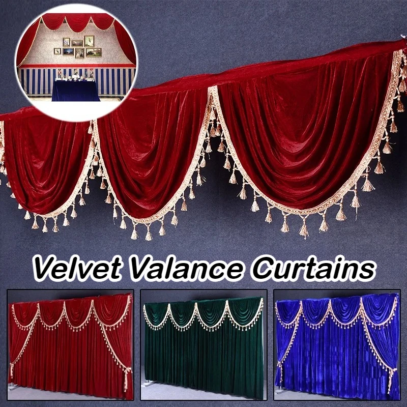 Velvet Valance Curtains Golden Fringed Edge Event Party Valance Panel Decoration Wedding Backdrop Curtain Swag Stage Background