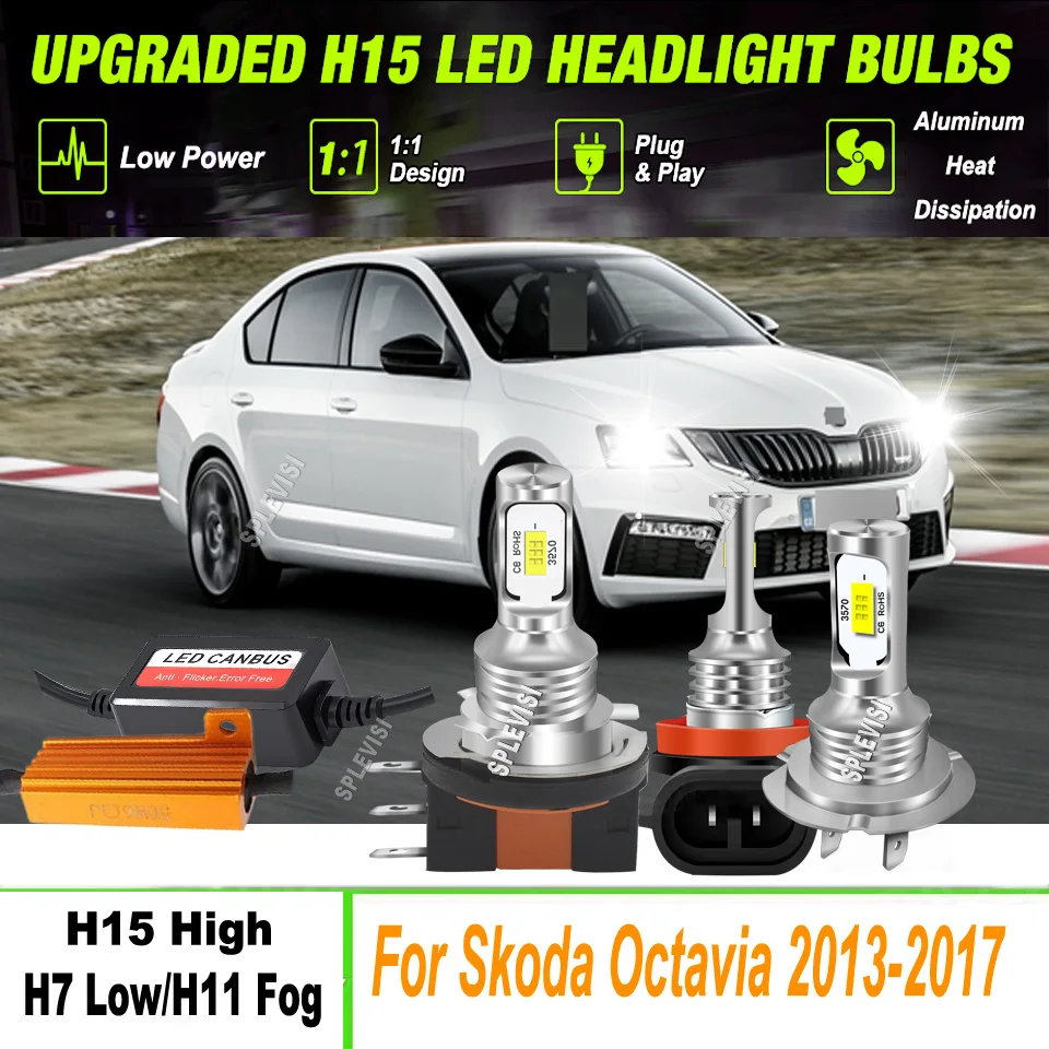 

9-16 В светодиодный 6000K белый фонарь дальнего/ближнего света противотуманные фары комплект для переоборудования автомобильных фар для Skoda Octavia 2013 2014 2015 2016 2017