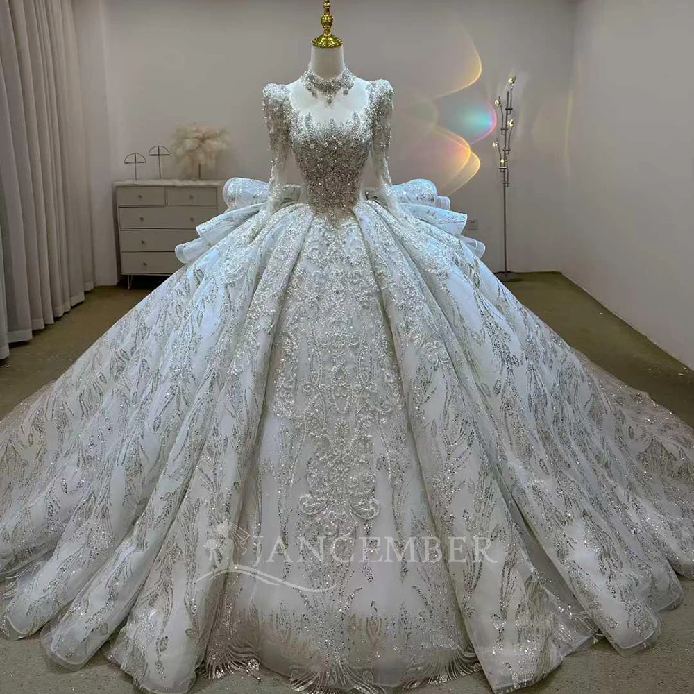 

Long Sleeve Ball Gown Wedding Dress 2026 Customized Backless Princess Bride Plus Size Vestido de Noiva Chapel Train Ruffles