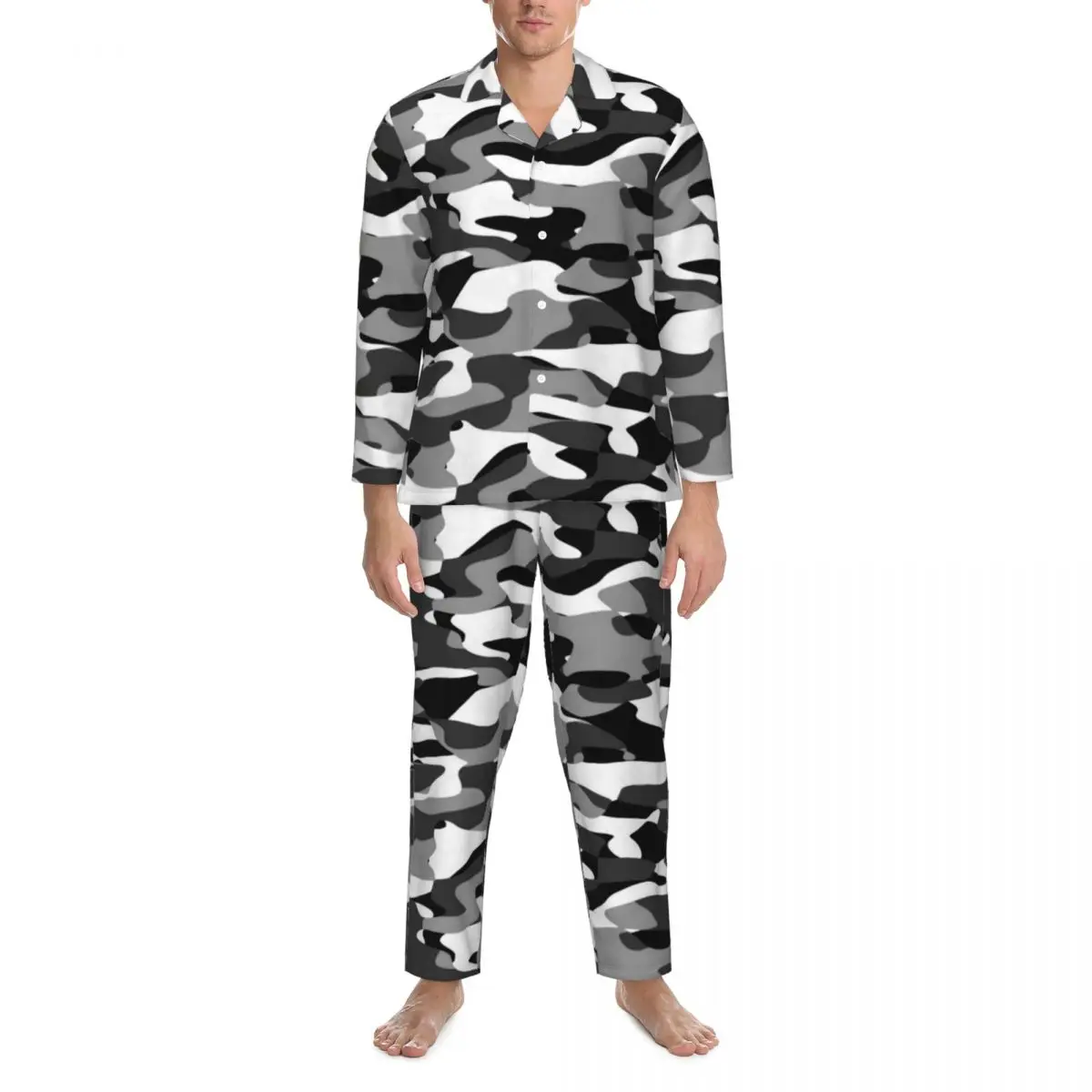 

Dark Gray Camo Pajamas Male Black And White Camouflage Trendy Bedroom Sleepwear Autumn 2 Pieces Retro Oversized Pajama Sets