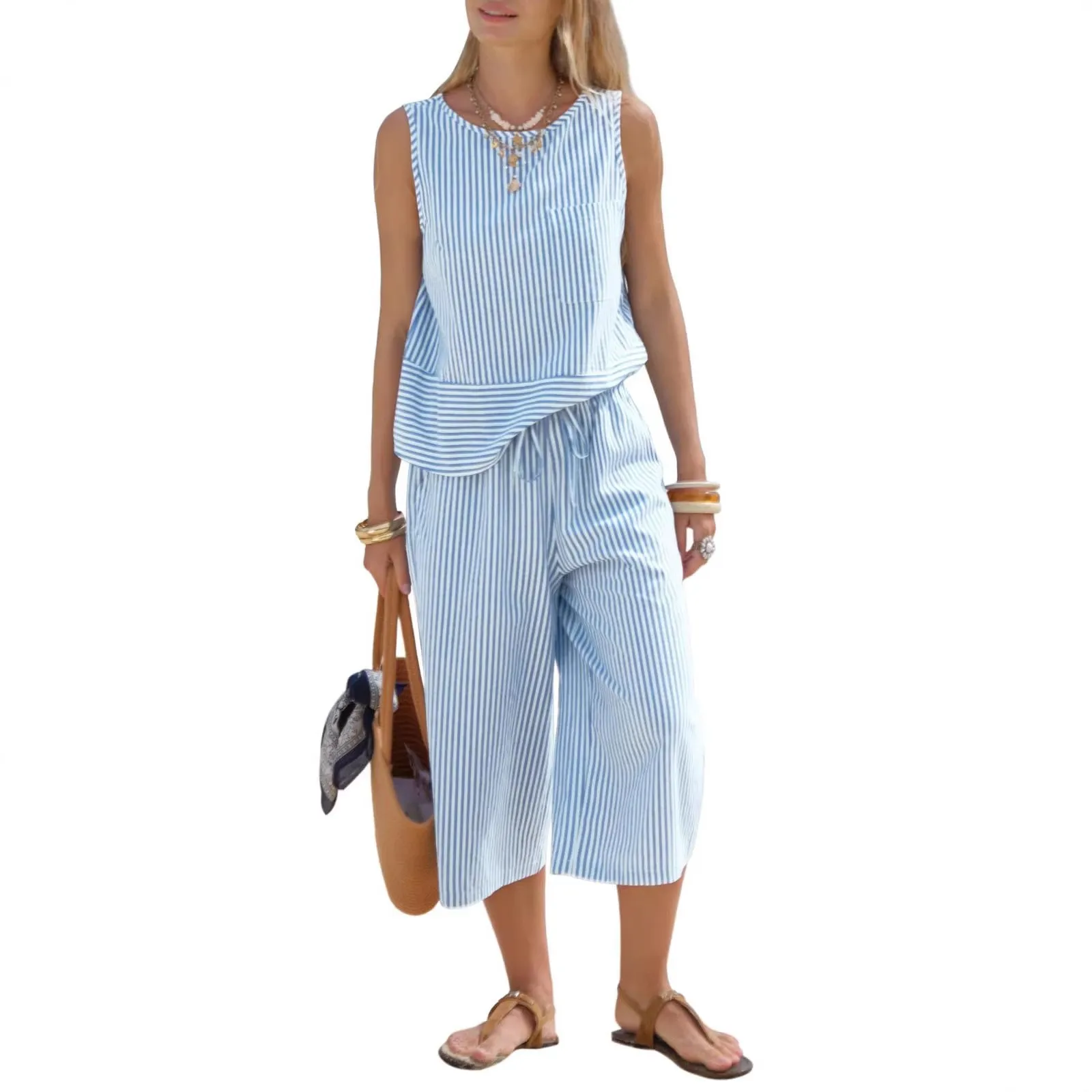 

Red White Striped Casual Summer Two Piece Set Sleeveless Tank Top & Wide Leg Culottes Drawstring Waist Knee-Length Outfit