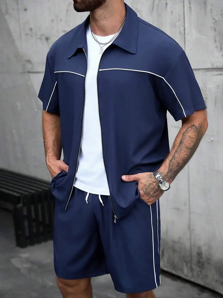 

Mens Short Sleeve Zip Front Shirt And Shorts Two Piece Casual Set