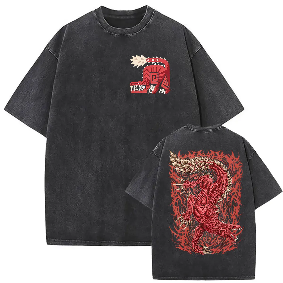 2026 Game Monster Hunter Akantor The Black God Vintage Washed T Shirt Men Women Harajuku Fashion O-Neck Oversized Cotton T-shirt - view 5