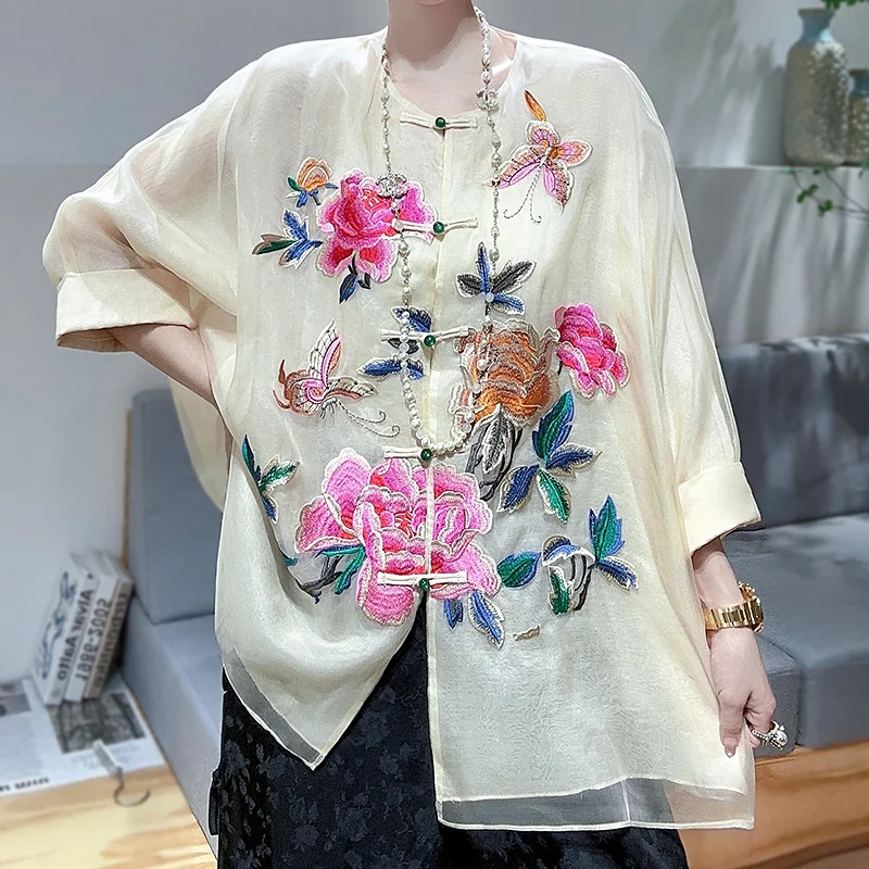 

High-end Spring Summer Top Chinese Tang Attire Retro Embroidery Elegant Lady Silk Blouse Female S-XXL