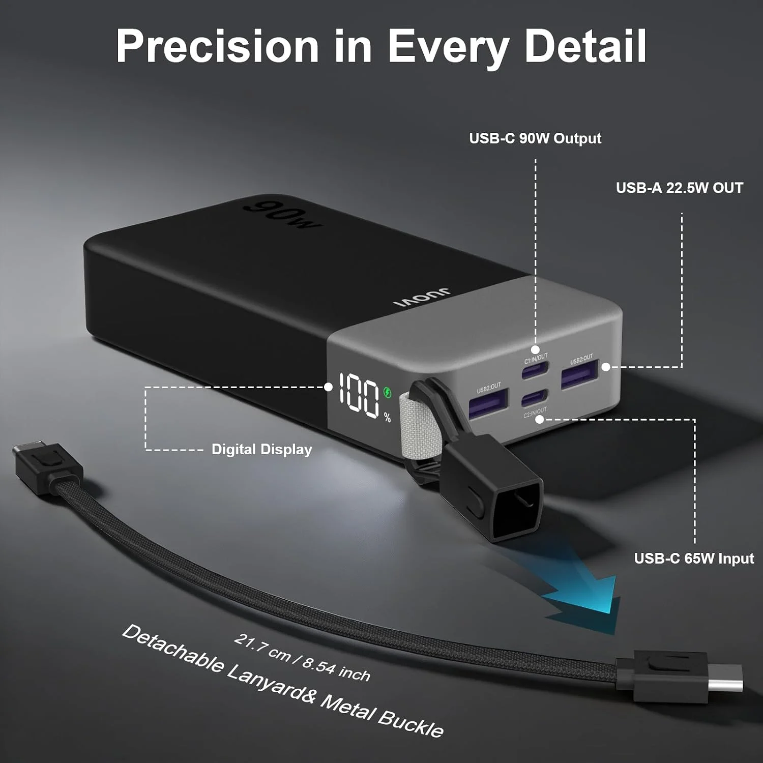 JUOVI 90W 20000mAh Portable Charger for Laptop Power Bank with USB-C Cable Power Bank TSA-Approved Fast Charging Battery Pack for Laptop MacBook Dell XPS iPhone 17/16/15/14/13 Series Samsung S26 and More view 6