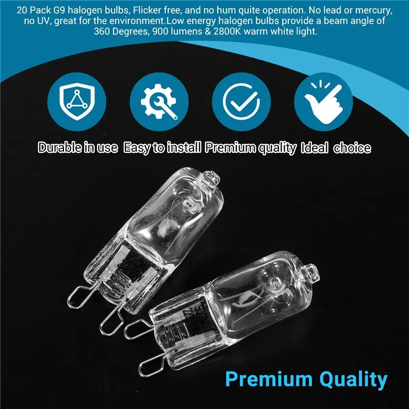 Handy Tool 20Pcs G9 Halogen Light Bulbs, Clear Halogen Lamps Dimmable,Warm White 2800K For Chandeliers,Pendants,Landscape Lights