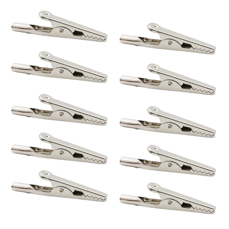 10pcs Stainless Steel Single Prong Alligator Crocodile Electric Test Clips Cable Lead Screw Probe Clamps Silver Tone Clip