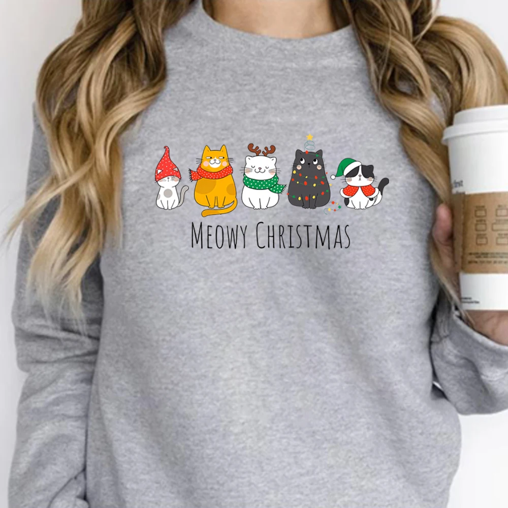 Meowy Christmas Sweatshirt Happy Cat Year Shirt Funny Christmas Cat Shirts Cat Christmas Sweater Cat Lover Christmas Tops