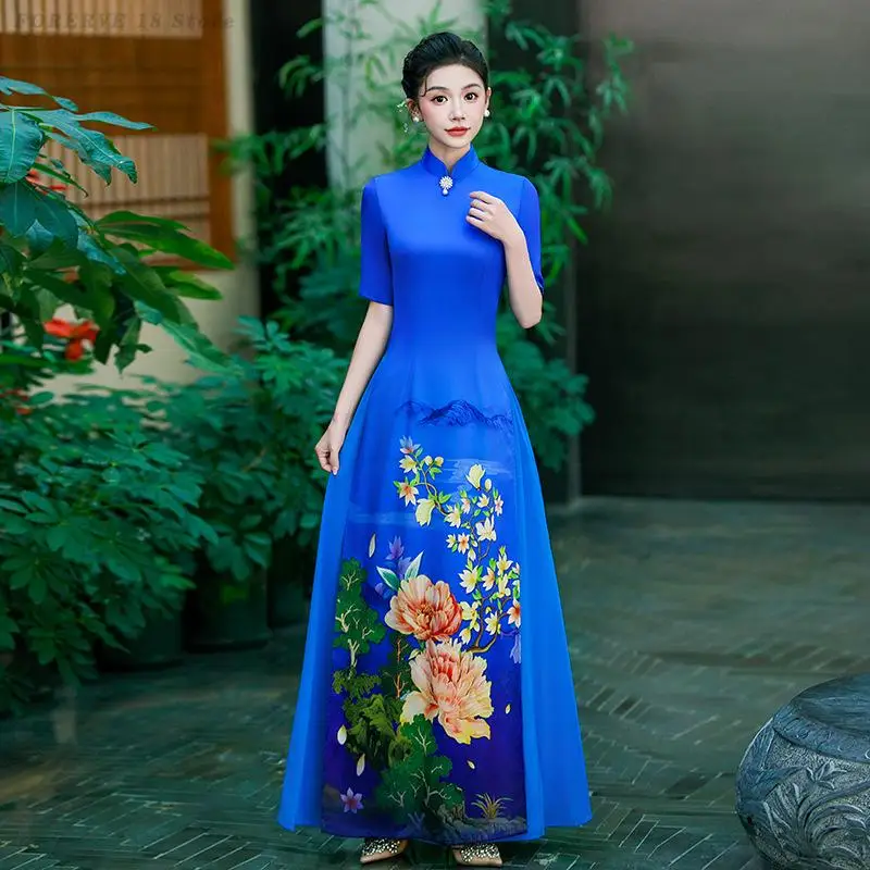 

Плюс размер 3XL 4XL 5XL Qipao женские винтажные Ao Dai Cheongsam традиционные платья в китайском стиле элегантные платья Qipaos с принтом