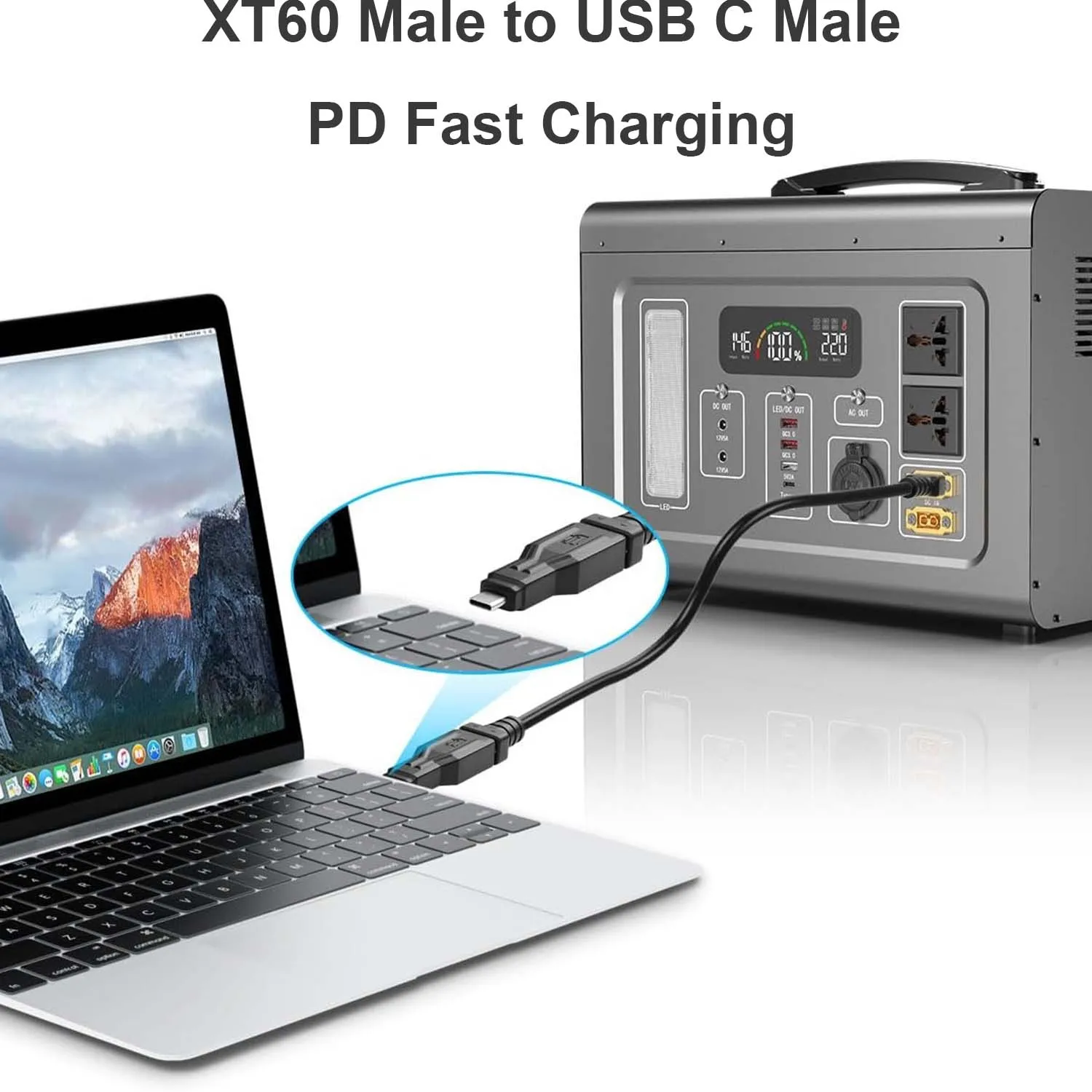 XT60 Male to USB Type-C Male Charging Connector Extension Adapter 100W 20V/5A for Notebook Projectors LED Robot Vacuum Aircraft