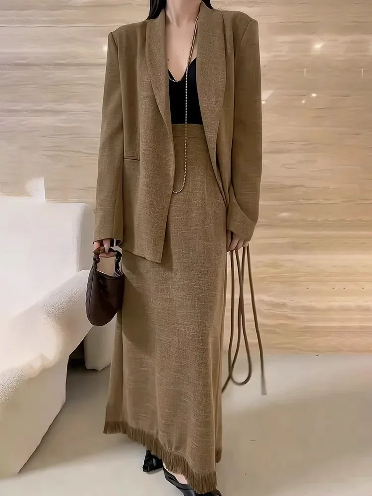 UNXX 2024 Autumn/Winter V-Neck Fleece Blazer Long Skirts Sets Vintage Casual Solid Loose Coat Blazers Skirt Two Piece Set Women