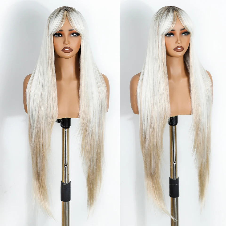 FREEDOM – Synthetische, lange, glatte Perücke mit Pony – Synthetische Perücken für Damen – Weiße, blonde Ombre-Perücke – Hitzebeständige Faser – Cosplay-Perücken. – Detail 8