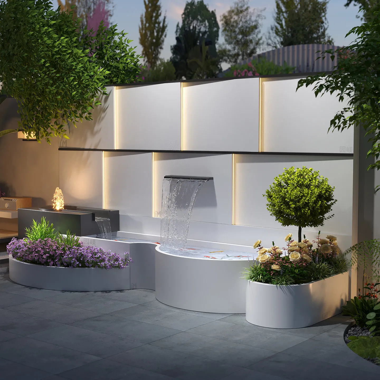 L8.28 Outdoor stainless steel waterfall wall screen - courtyard water feature ornament - recirculating water garden fish pond