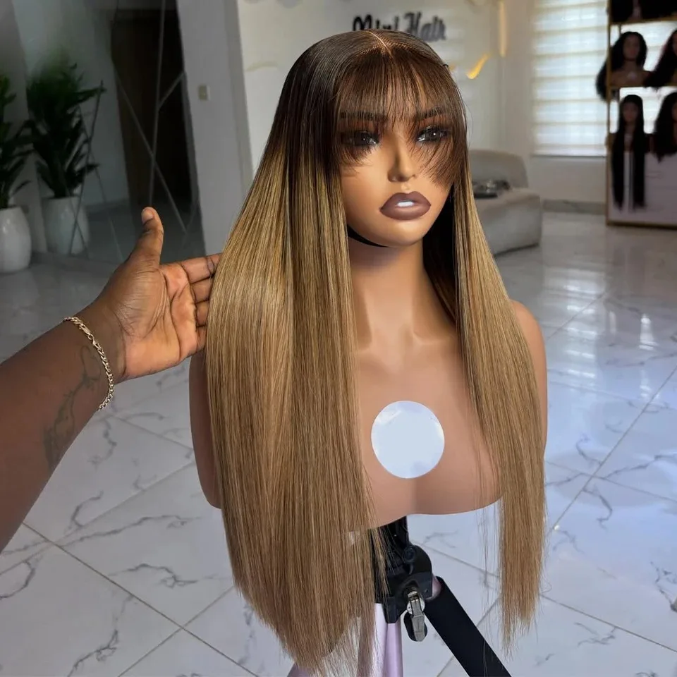 4/27 Balayage Ombre Straight Lace Front Wig 13x4 Preplucked Hairline Glueless Synthetic Wig With Bangs Heat Resistant For Women