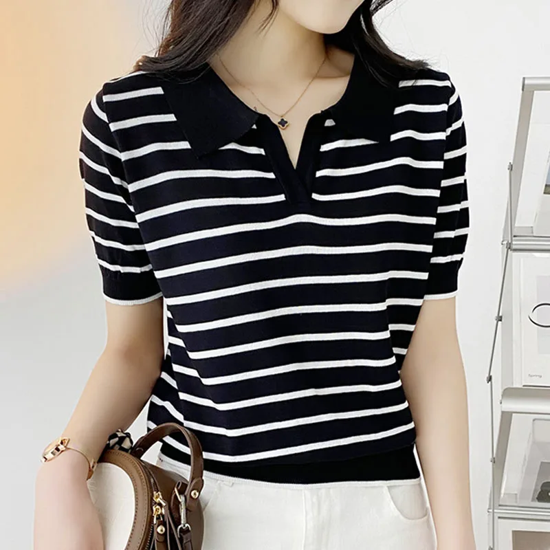 

Knitted Sweater Women Pullovers Casual Short Sleeve Striped Knit Sweater Pullover Women Tops Turn Down Collar Knitwears Q3453