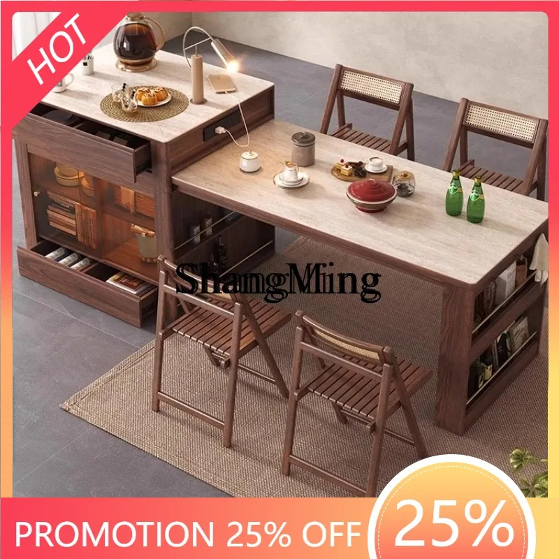 

CL wind island dining table integrated household rock slab solid wood retractable small apartment