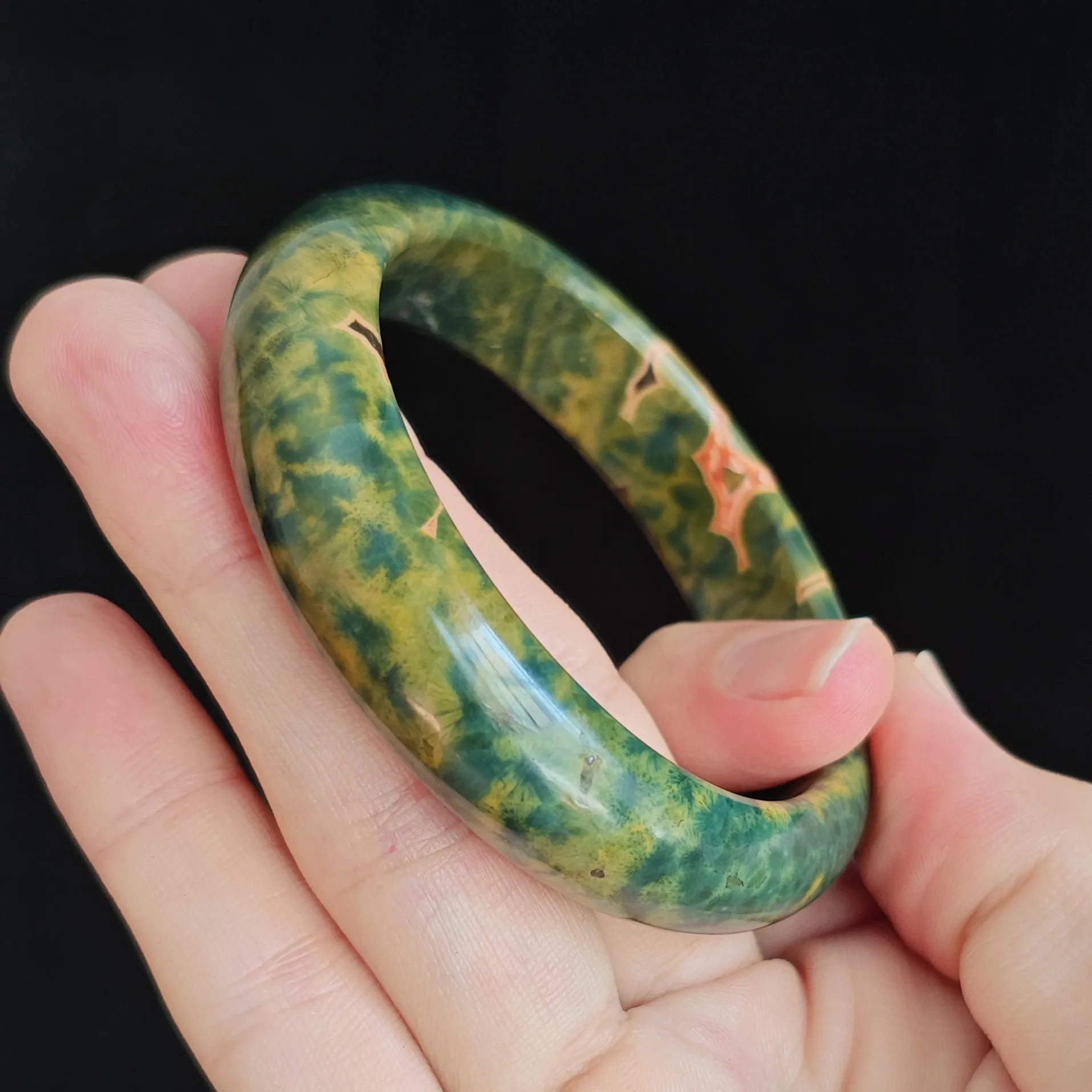 Unique Exact Piece Ocean Jasper Bangle Lotus Pattern Orbicular Gemstone Bracelet WYSIWYG Women Collector Jewelry Gift
