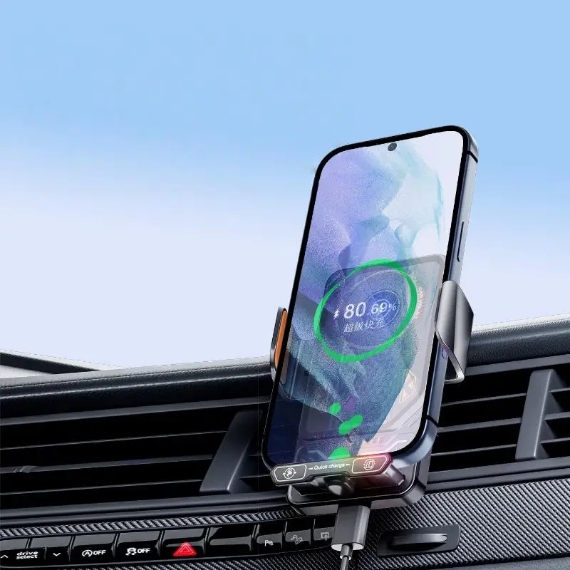 Carregador Sem Fio Universal para Carro 15W com Suporte e Luz RGB com Sensor Automático para S26 / 17 16 15 14 13 12 11 Pro Max