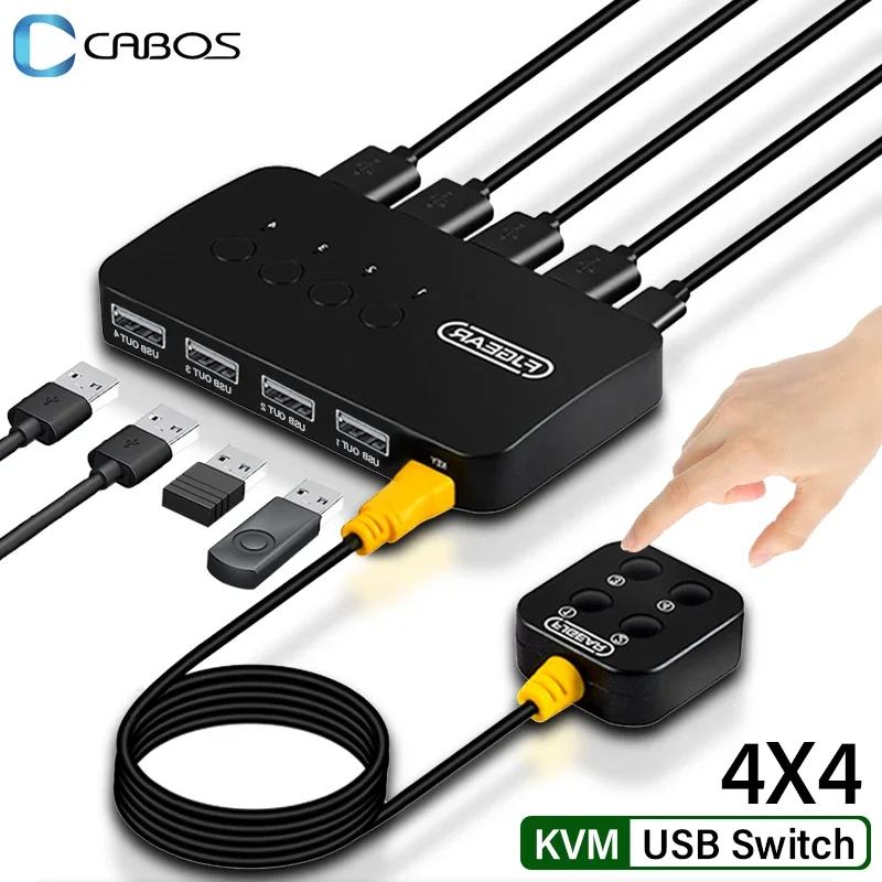 KVM USB Switch 4 Input 4 Output KVM Switch Key Switcher USB2.0 Hub for Computer Keyboard Mouse U Disk Printer Shared Controller