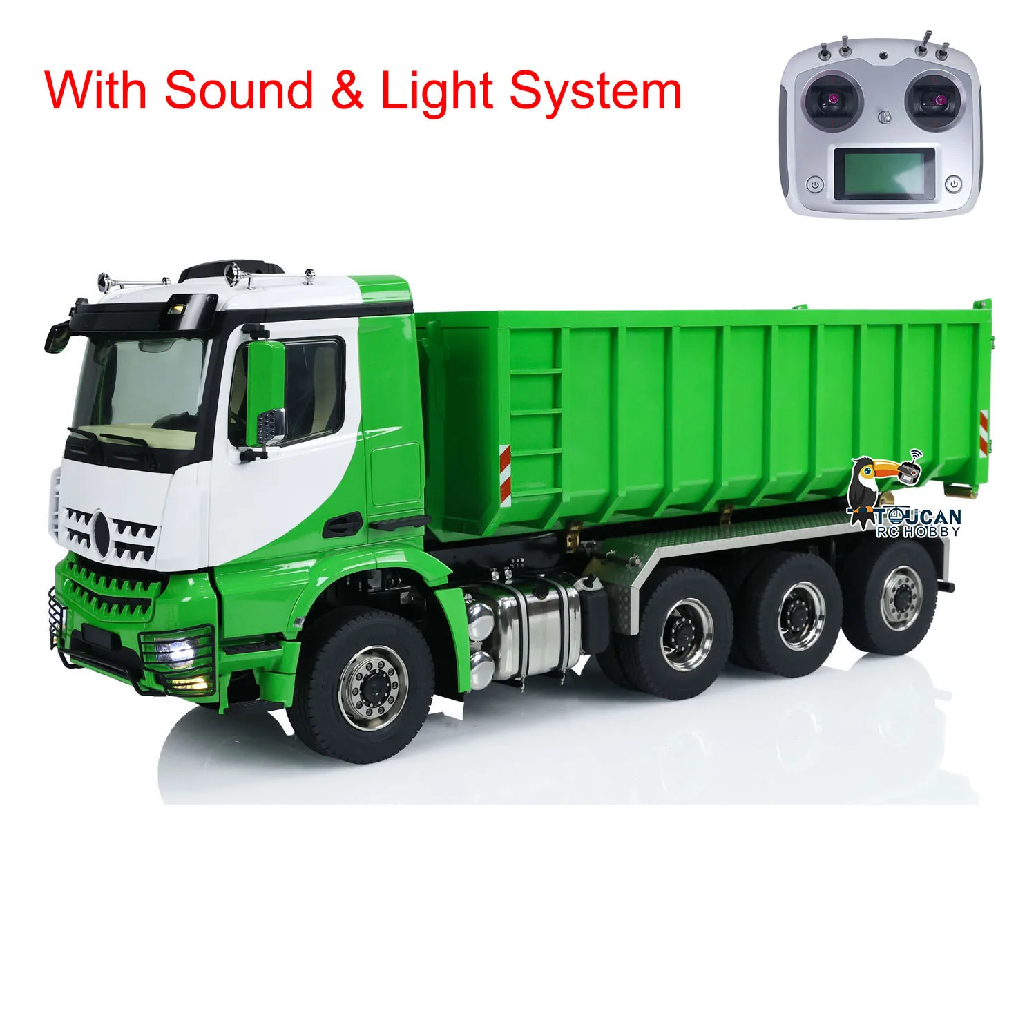 In Stock 8x8 1/14 Hydraulic RC Full Dump Truck Green Metal Roll On Tipper Car Model Sound Light System Remote Control Toy Model